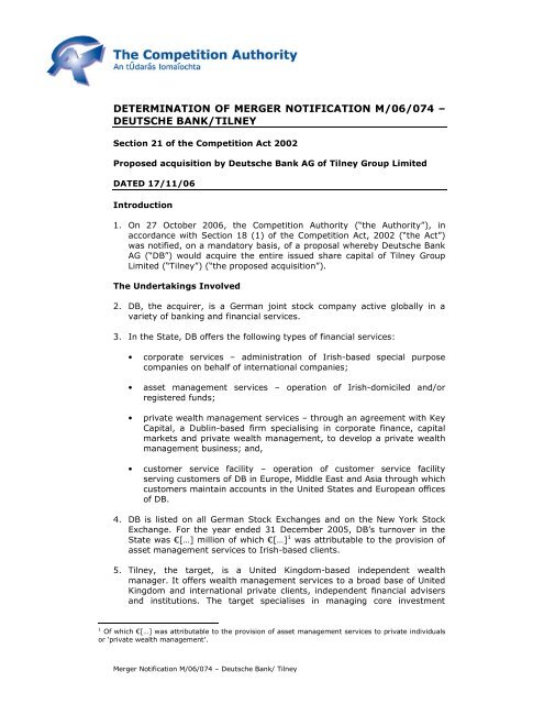 Determination Of Merger Notification M 06 074 The Competition