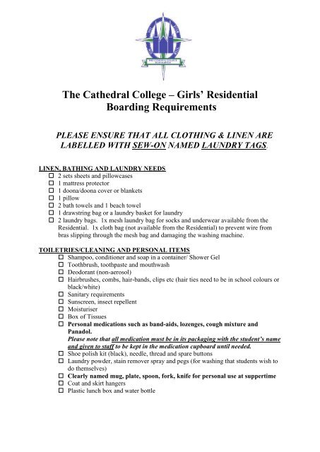 Girls Boarding Requirements - Cathedral College