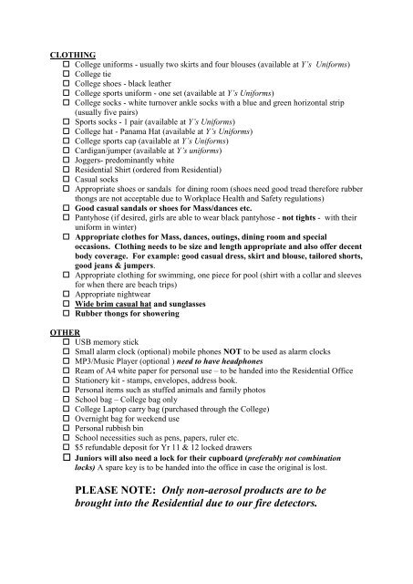 Girls Boarding Requirements - Cathedral College