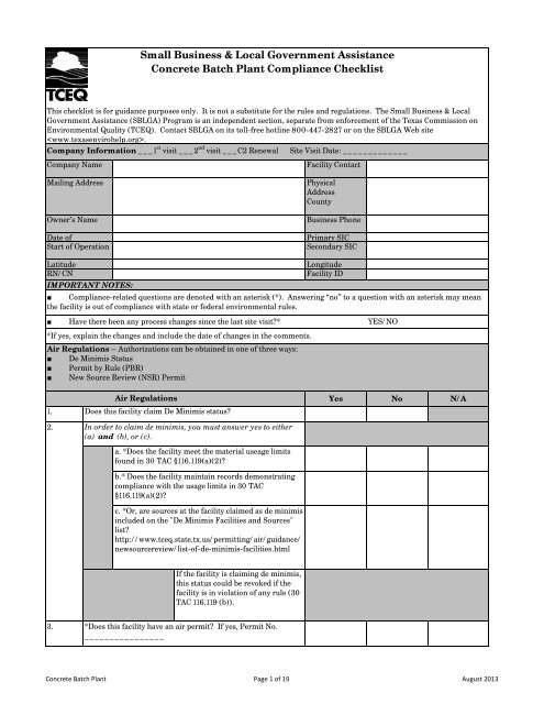 Concrete Batch Plant Compliance Checklist - TCEQ e-Services ...