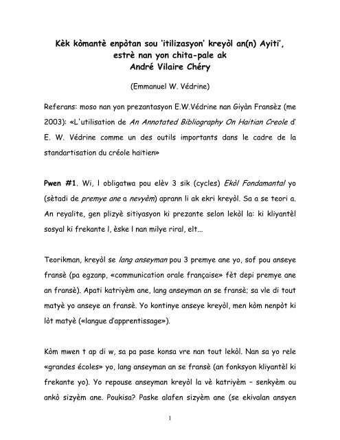 KÃ¨k kÃ²mantÃ¨ enpÃ²tan sou 'itilizasyon' kreyÃ²l an(n) Ayiti ... - Potomitan