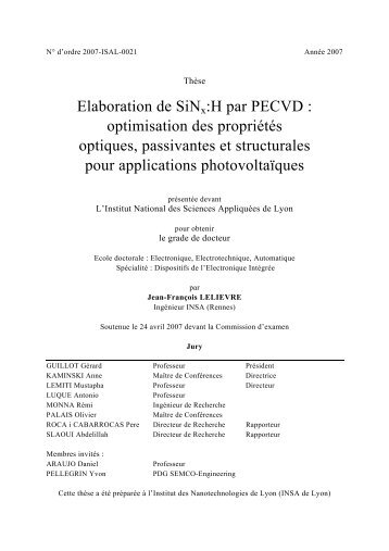 Élaboration de SiNx:H par PECVD : optimisation des propriétés ...