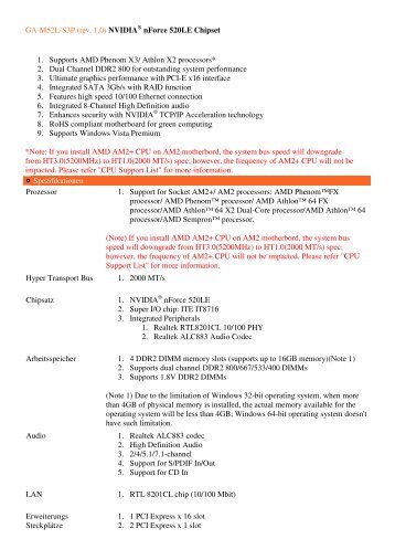 GA-M52L-S3P (rev. 1.0) NVIDIA nForce 520LE Chipset 1. Supports ...