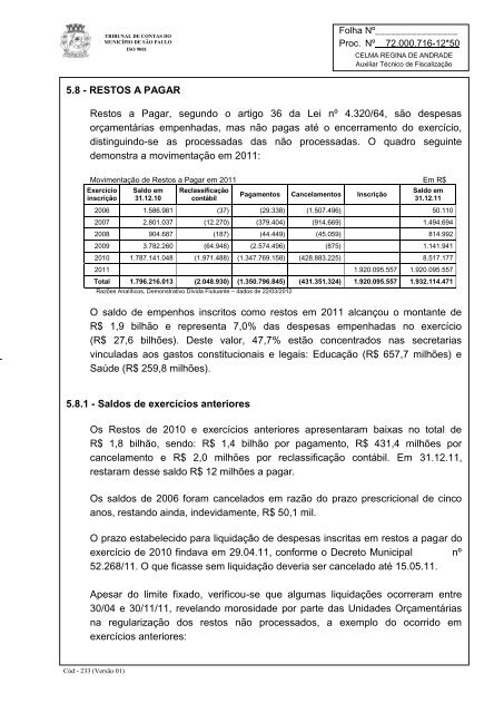 RelatÃ³rio Anual de FiscalizaÃ§Ã£o - Tribunal de Contas do MunicÃ­pio ...