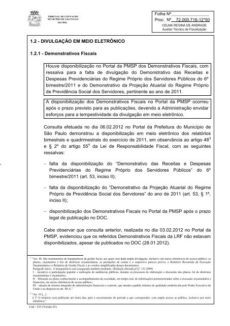 RelatÃ³rio Anual de FiscalizaÃ§Ã£o - Tribunal de Contas do MunicÃ­pio ...