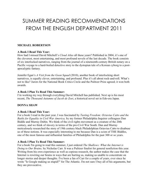 summer reading recommendations from the english department 2011
