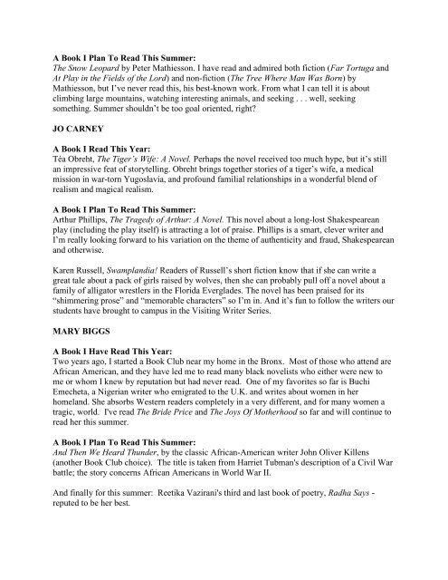 summer reading recommendations from the english department 2011