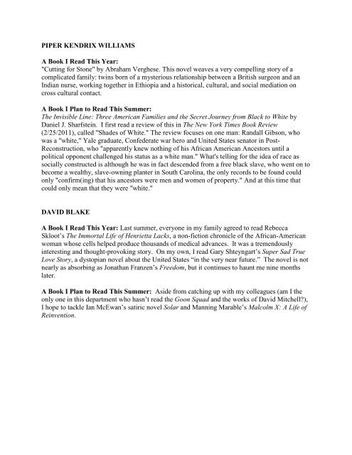 summer reading recommendations from the english department 2011