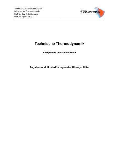 8. Übungsblatt - Lehrstuhl für Thermodynamik - Technische ...