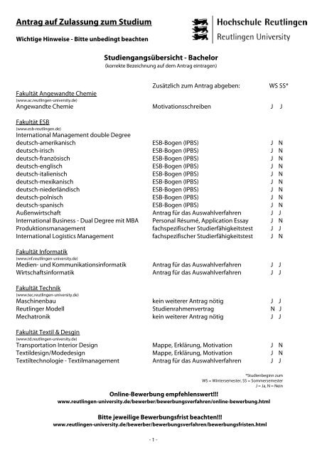 Antrag auf Zulassung zum Studium - Hochschule Reutlingen