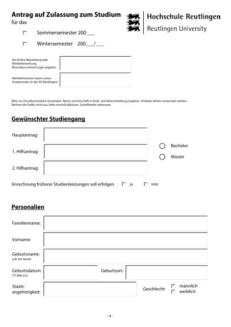 Antrag auf Zulassung zum Studium - Hochschule Reutlingen