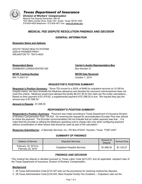 Division of Workers' Compensation Letter - Texas Department of ...