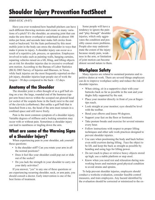 Shoulder Injury Prevention FactSheet - Texas Department of Insurance