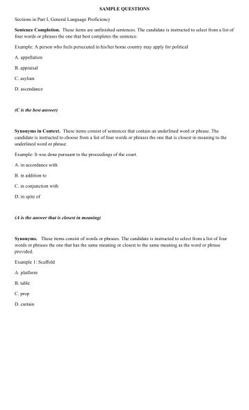 SAMPLE QUESTIONS Sections in Part I, General Language ...