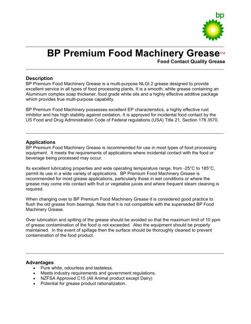 BP Premium Food Machinery GreaseTM - Castrol TDS