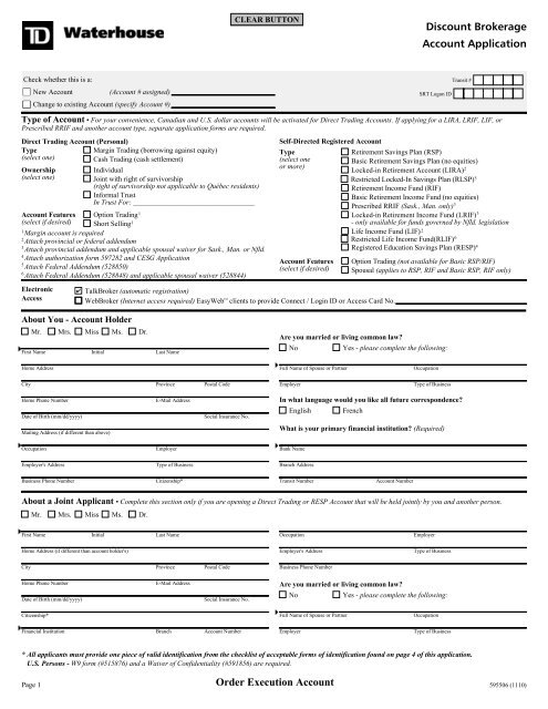 Td Waterhouse Discount Brokerage Account Application Form For