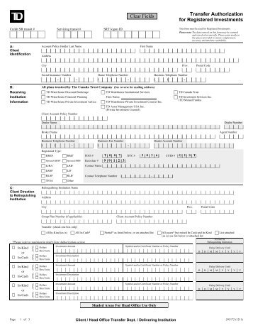 Transfer Authorization for Registered Investments - TD Waterhouse