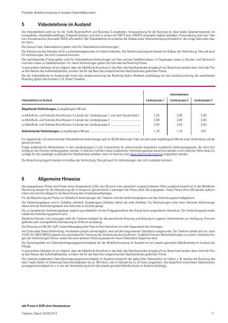 Preisliste Mobilfunknutzung im Ausland (Geschäftskunden). - Telekom