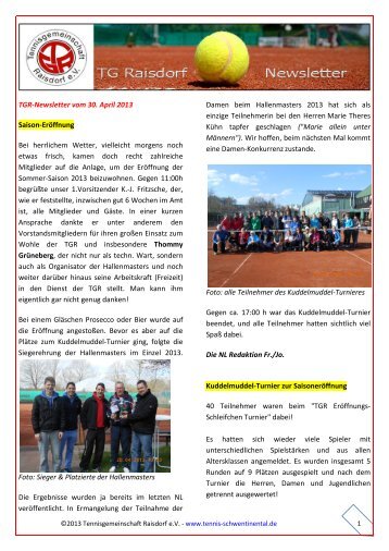 TGR‐Newsletter vom 30. April 2013 - Tennis in Schwentinental