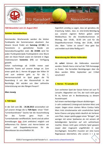 TGR‐Newsletter vom 13. August 2013 Sommer-Saisonabschluss ...