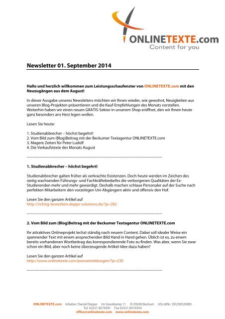 Newsletter 01. September 2014