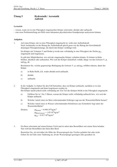 Übung 5 Hydrostatik / Aerostatik Auftrieb - Thomas Borer