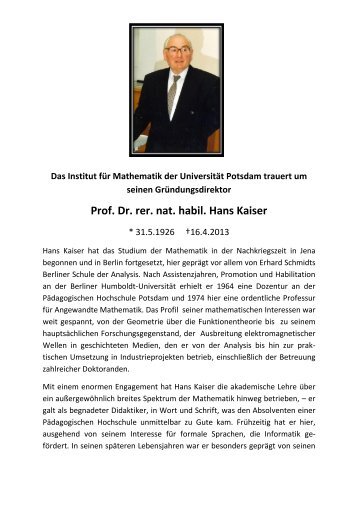 Prof. Dr. rer. nat. habil. Hans Kaiser - Institut für Mathematik