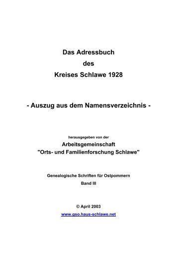 Das Adressbuch des Kreises Schlawe 1928 - Auszug aus dem ...