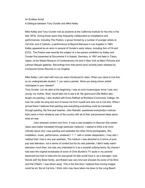 Endless Script An Endless Script A Dialogue between Tony Oursler and Mike ...