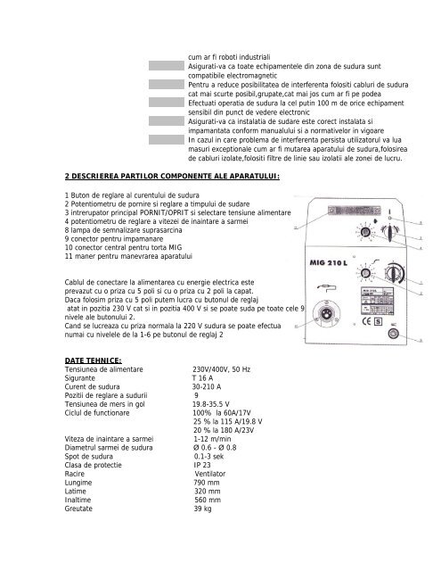 instructiuni de utilizare aparate de sudura mig 210 l - ToolsZone.ro