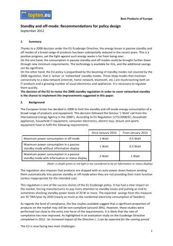 Standby and off-‐mode: Recommendations for policy ... - Topten.eu