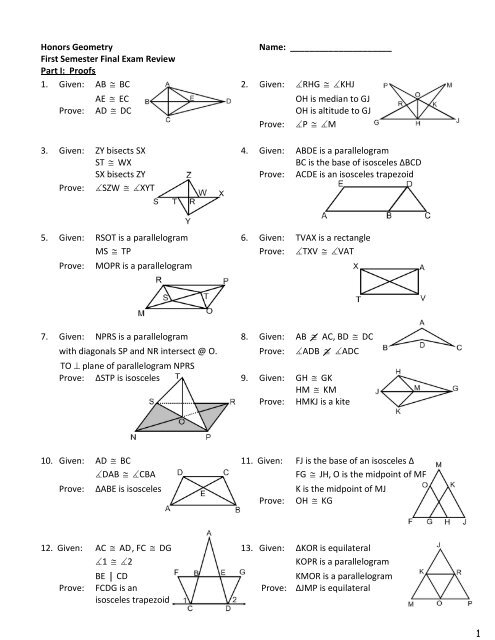 First Semester Final Exam Review Part I Proofs 1 Given Ab A 2