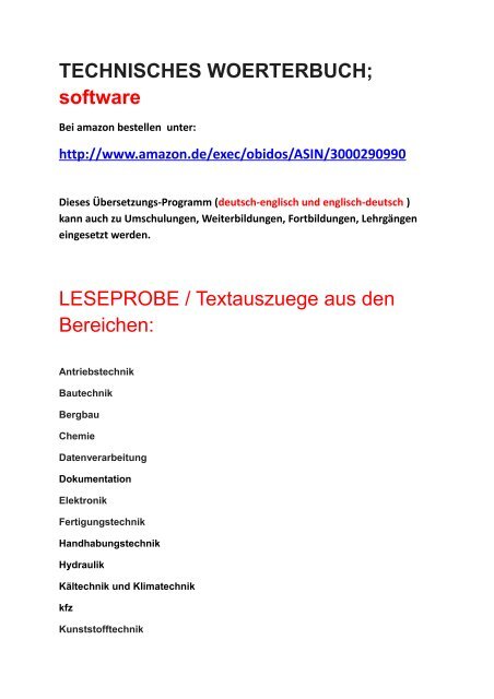 Anwendung Technisches Englisch:  Leseprobe /Textproben zur Sprachensoftware / Uebersetzerfuer Mechatroniker-Berufsausbildung