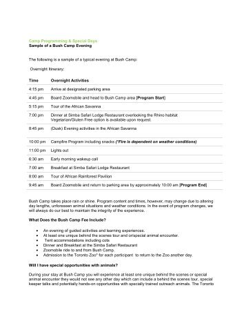 Camp Programming & Special Days Sample of a Bush ... - Toronto Zoo