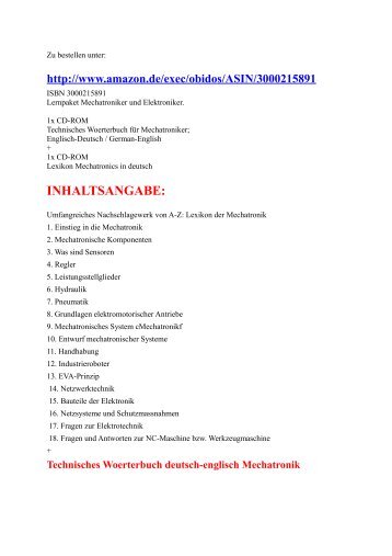 Inhaltsangabe zu Lexikon Begriffe Mechatronik table of contents glossary mechatronics