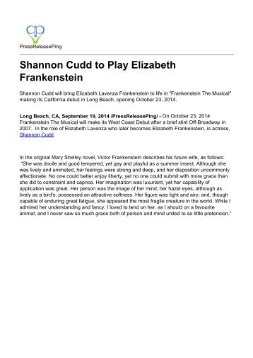 Shannon Cudd to Play Elizabeth Frankenstein