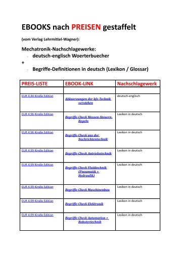 ebooks nach Preisen gestaffelt: Liste Mechatronik-Nachschlagewerke deutsch-englisch Woerterbuecher Begriffe-Definitionen