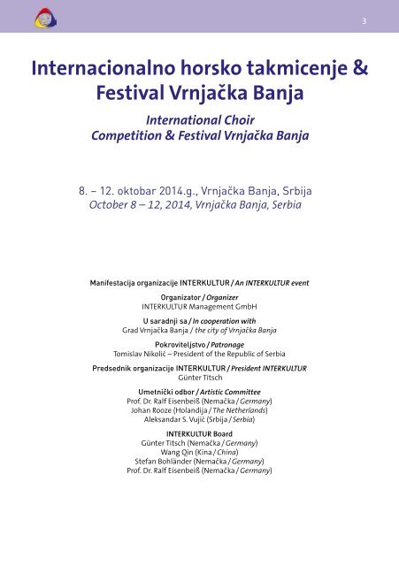 International Choir Competition and Festival Vrnjačka Banja 2014 - Program Book