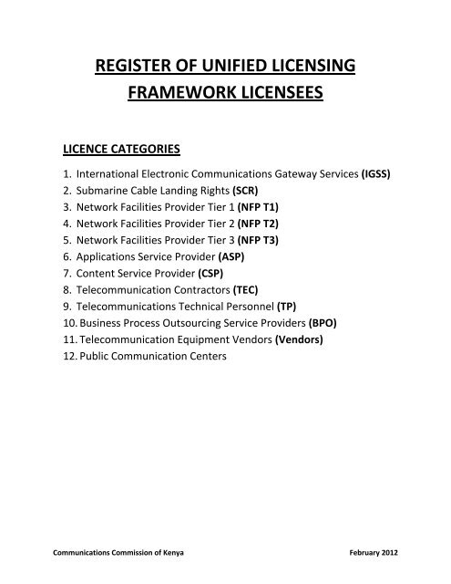 Register of ULF Licensees - Communications Commission of Kenya