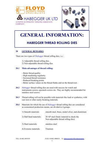 habegger thread rolling dies - Floyd Automatic Tooling Ltd