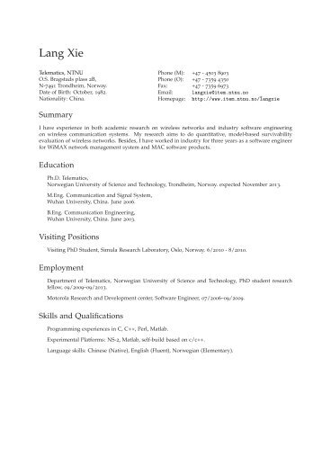 Lang Xie: Curriculum Vitae - Department of Telematics - NTNU