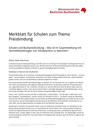 Merkblatt für Schulen zum Thema Preisbindung - Börsenverein des ...
