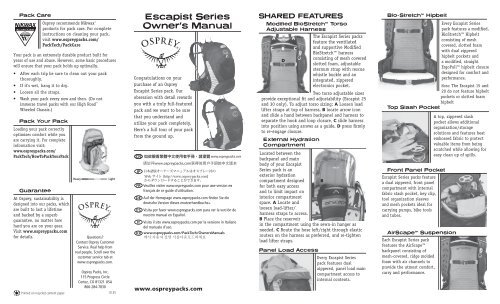 Escapist Series Owner's Manual - Osprey Packs, Inc