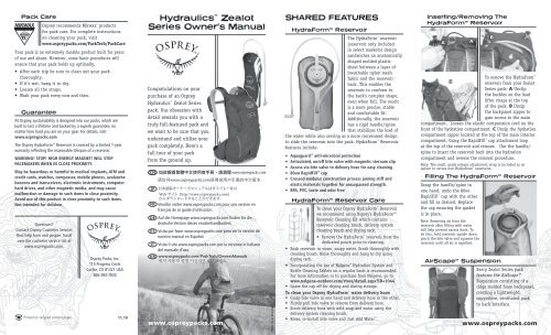 Hydraulicsâ„¢ Zealot Series Owner's Manual - Osprey Packs, Inc