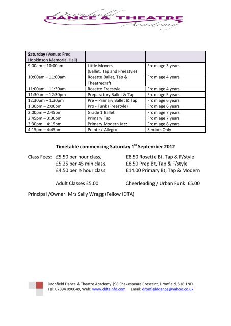 Class Timetable - Dronfield Dance & Theatre Academy