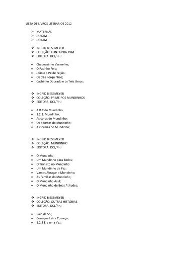 LISTA DE LIVROS LITERÁRIOS 2012 MATERNAL JARDIM I ...