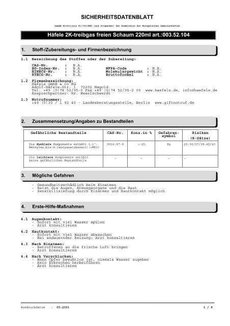 SICHERHEITSDATENBLATT HÃ¤fele 2K-treibgas freien Schaum ...