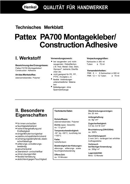 Pattex PA700 Montagekleber/ Construction Adhesive