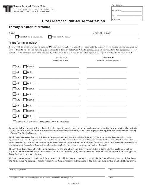 Tower Credit Union >> Cross Member Transfer Authorization Tower Federal Credit Union Tower Credit Union >> Cross Member Transfer Authorization Tower Federal Credit Union
