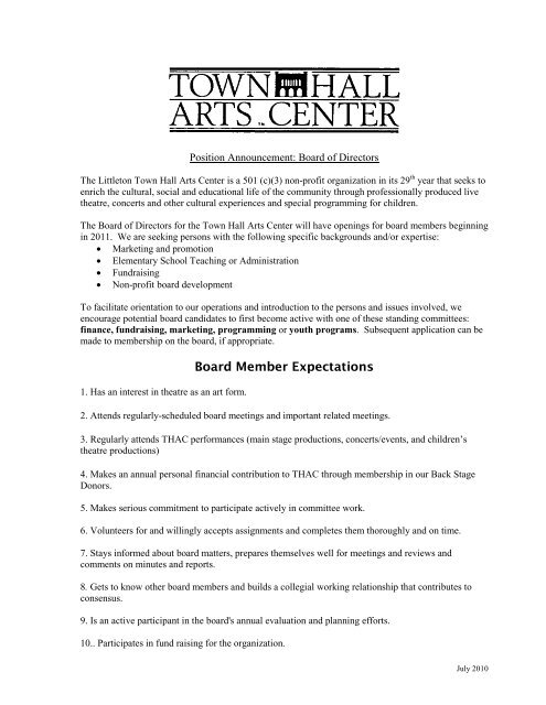 Board Member Expectations - Town Hall Arts Center